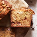 Slices of banana bread on a paper lined cutting board