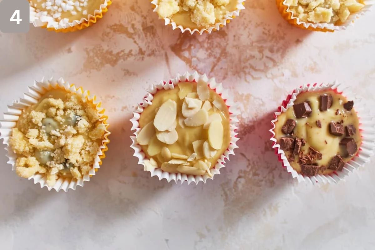 Batter and added ingredients in the muffin cups before air frying