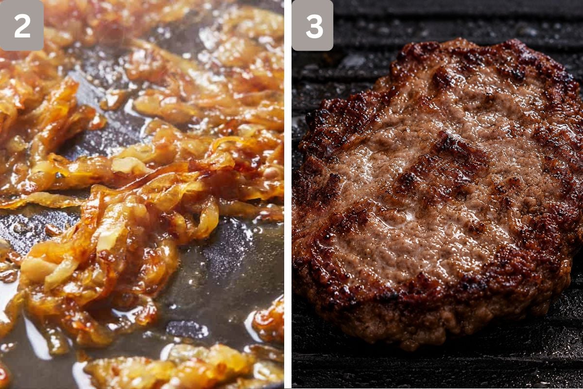 Onions caramelized and beef patties cooked in a pan