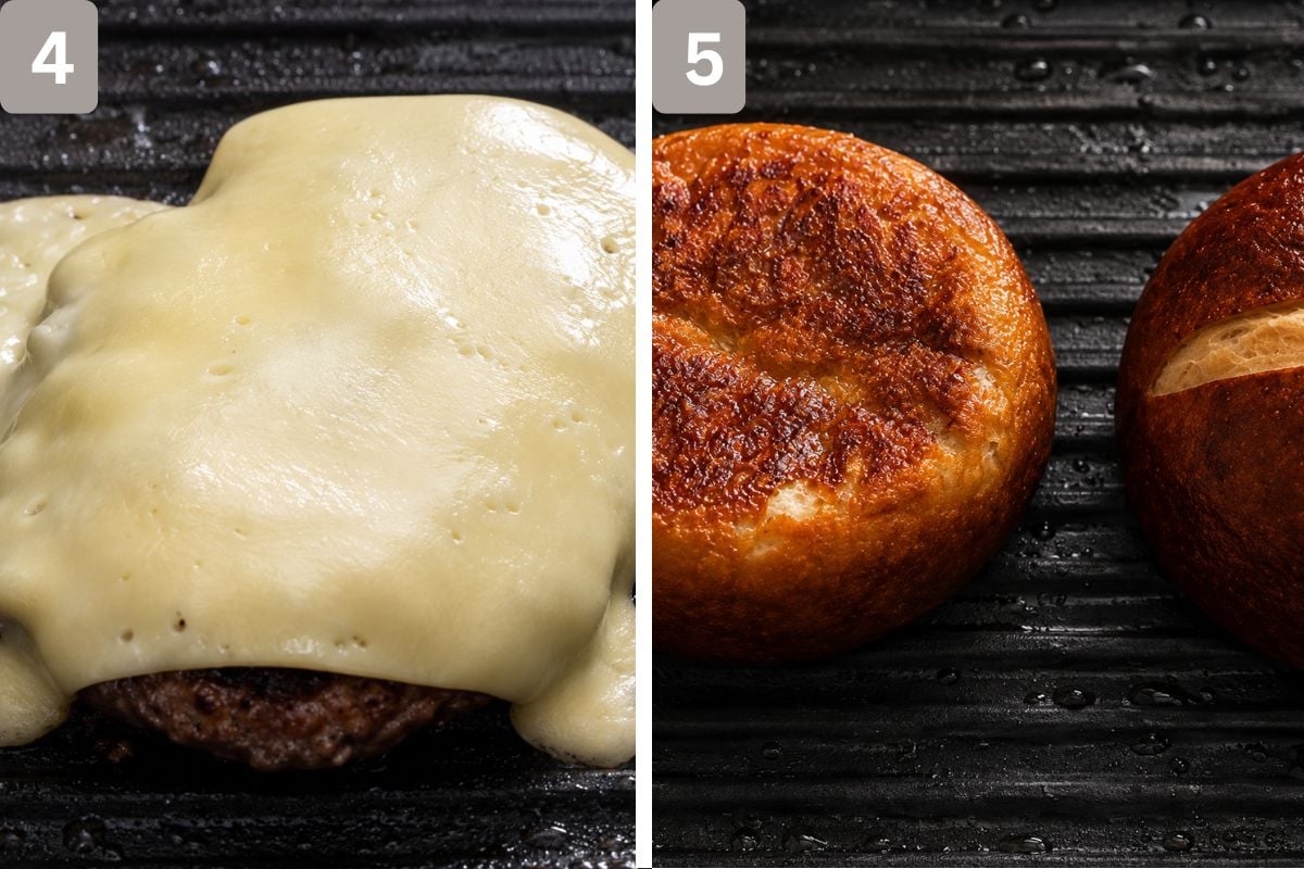 Swiss cheese on top of the patty and covered until melted and Pretzel buns toasted in the juices