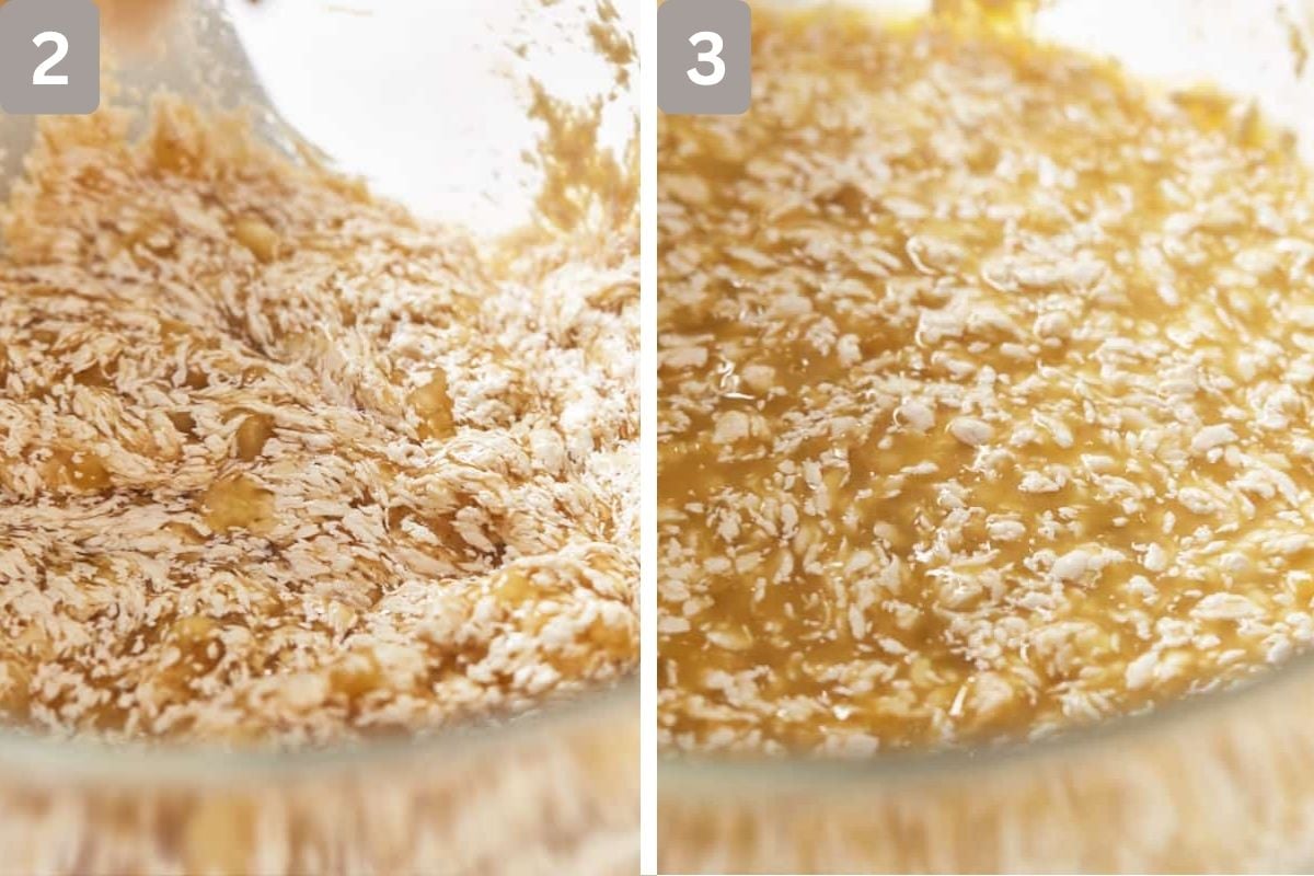 butter, oil, and brown sugar in a mixing bowl with mashed bananas and eggs and vanilla mixed in
