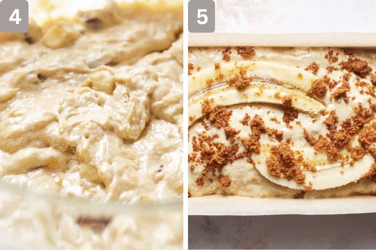 all-purpose flour, baking soda, and salt with chocolate and banana pieces mixed, and halved banana and dark brown sugar added on top