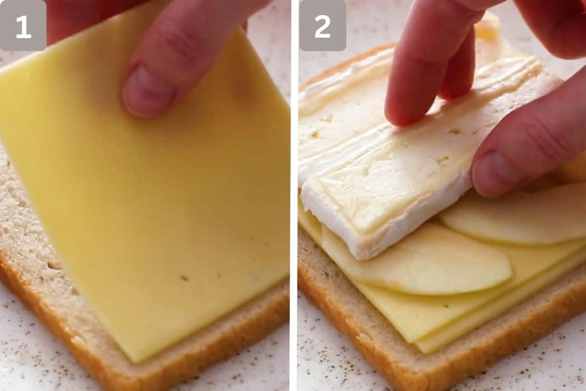 Slice of cheese being placed on a slice of bread and brie being placed on top of the apple slices and cheese