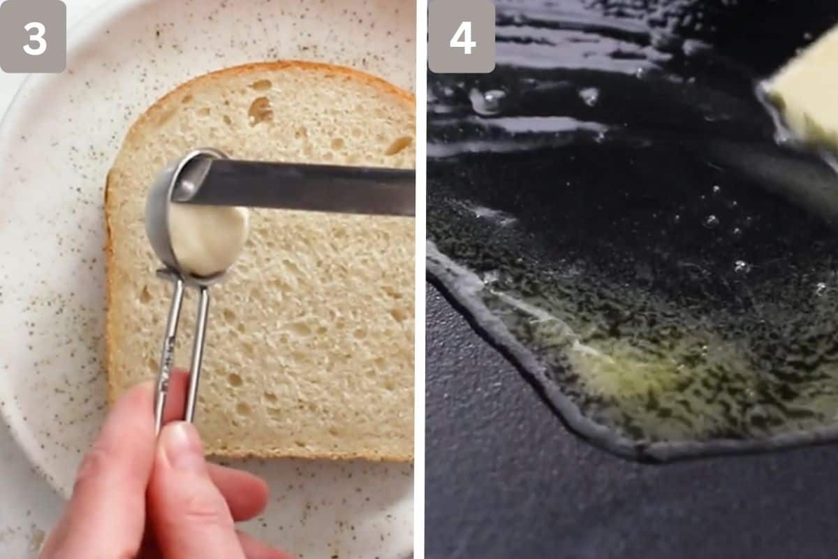Mayonnaise being spread on the top slice of the sandwich and butter being melted in a pan