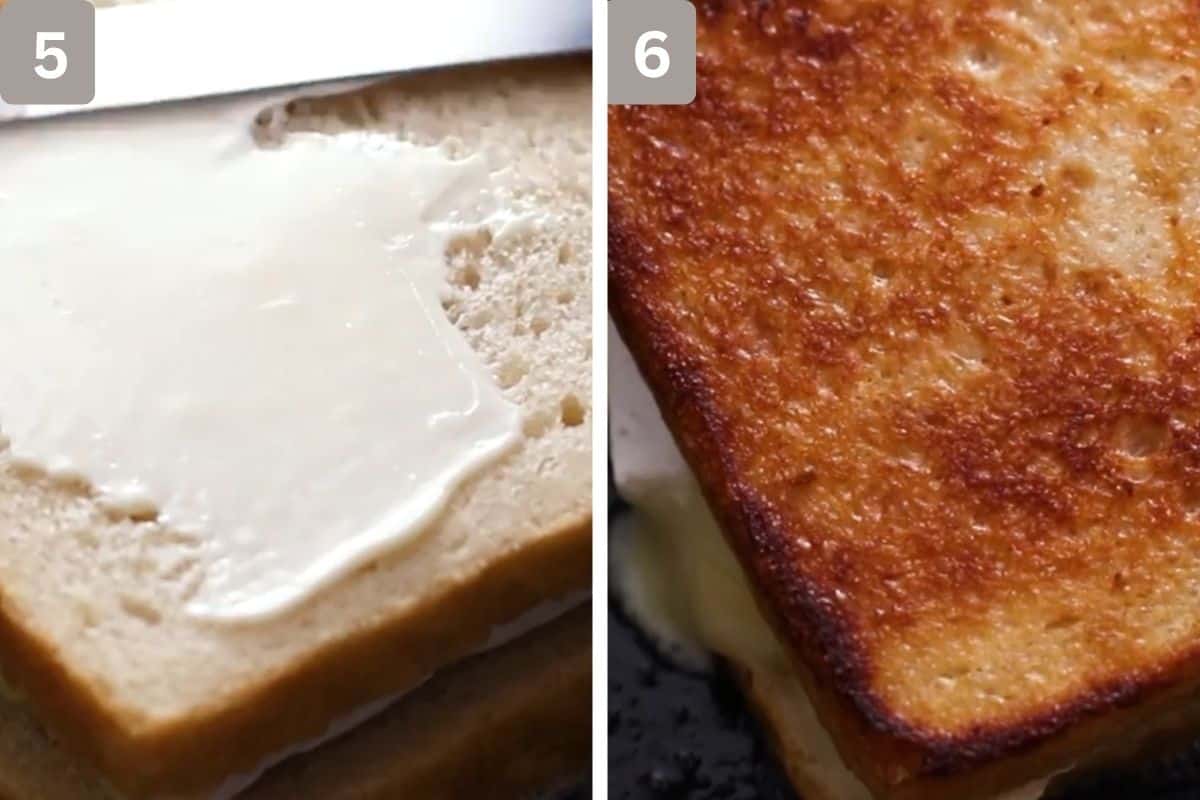 Mayonnaise being spread in the uncooked half of the sandwich in  the pan, and a closeup image of the grilled sandwich in the pan