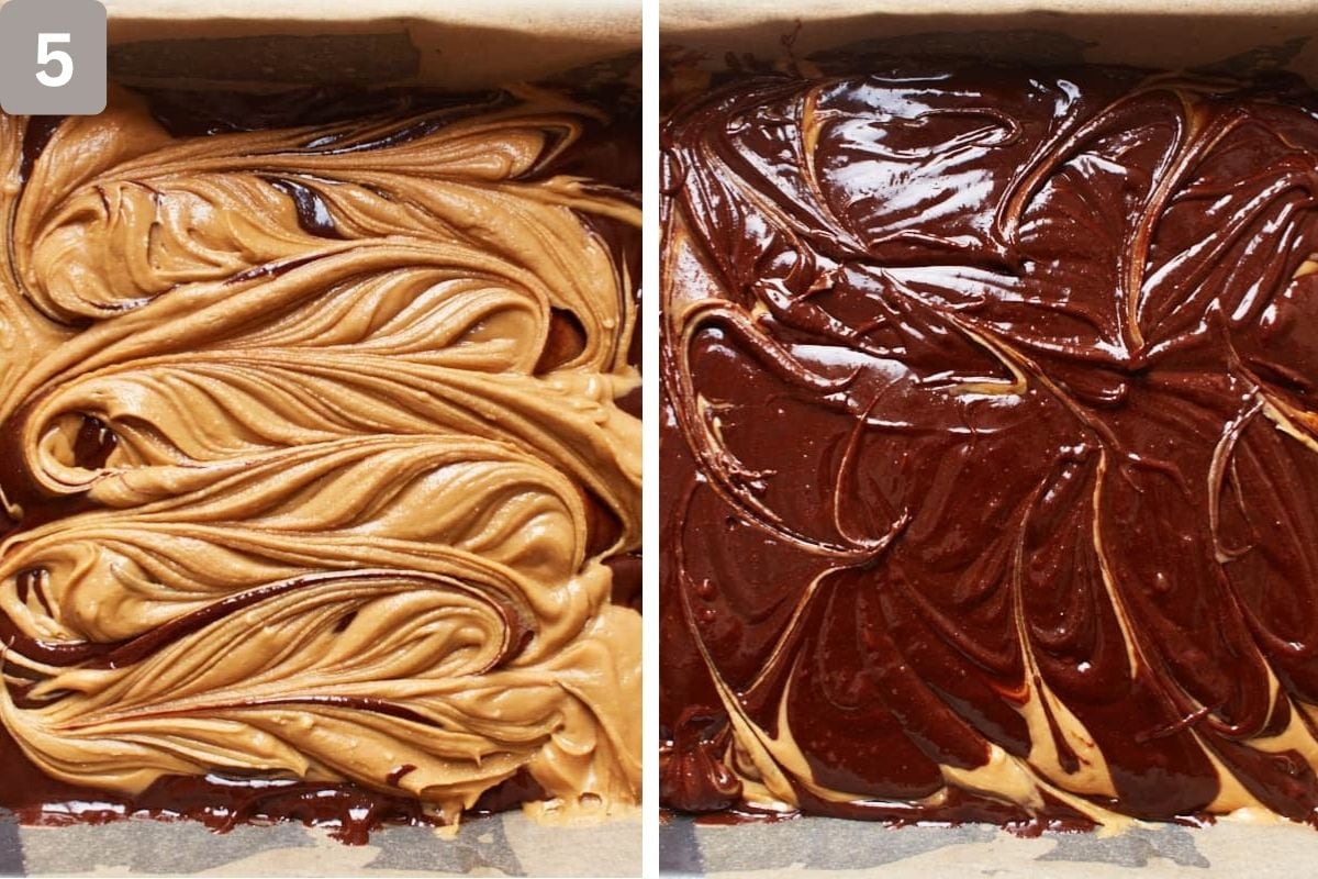 peanut butter filling on top of the batter and chocolate filling swirled with the peanut butter