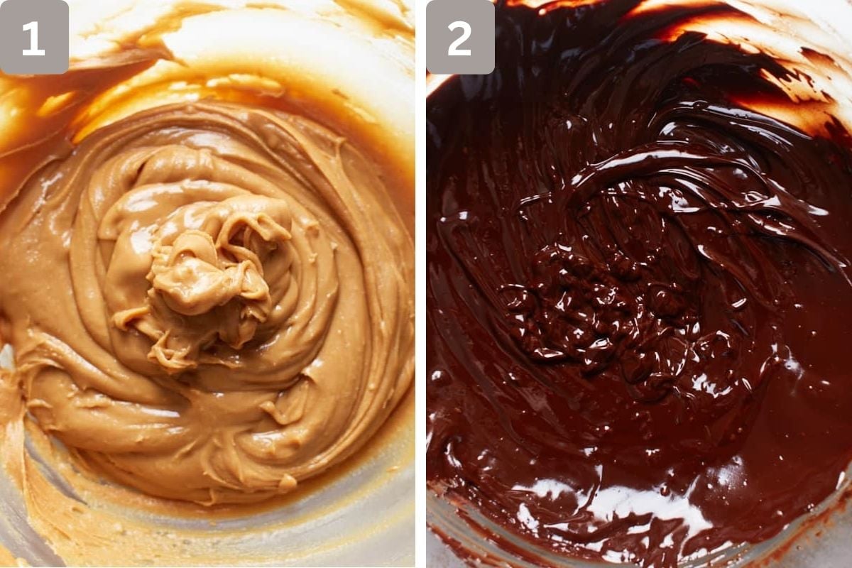 peanut butter, powdered sugar, and melted butter mixed and chocolate melted