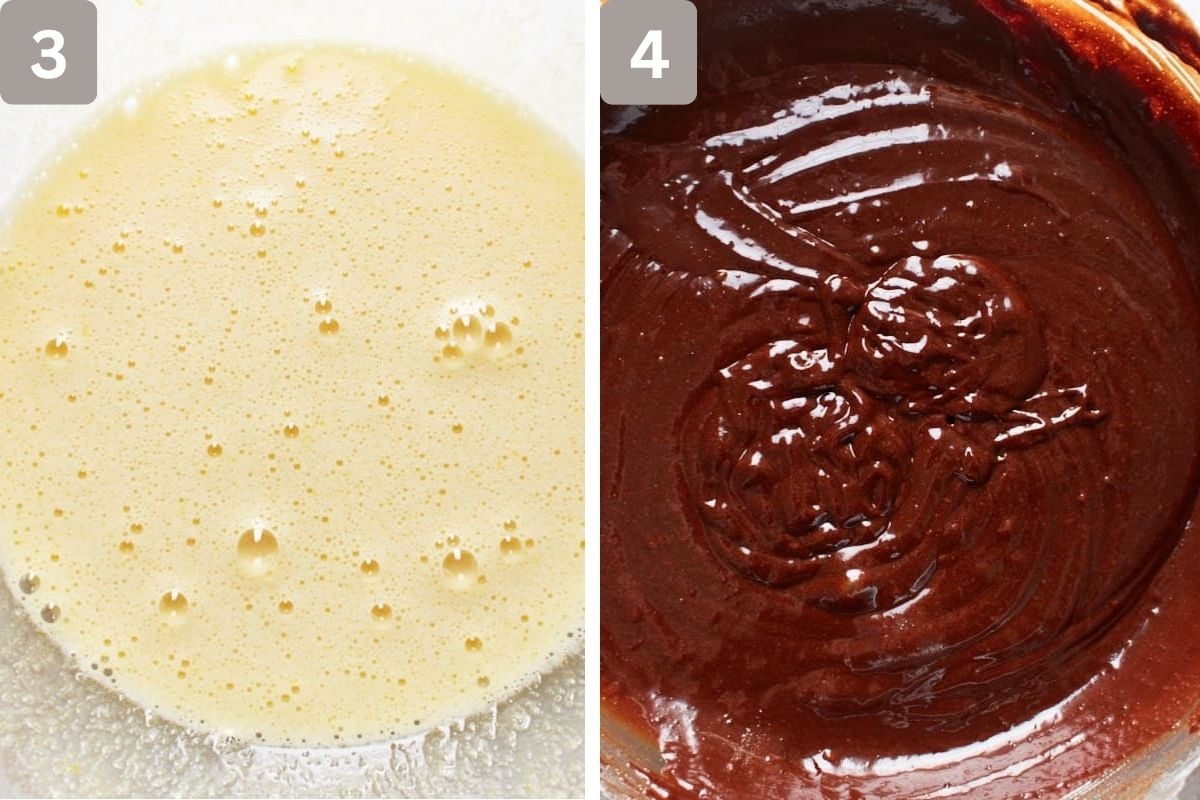 large eggs, sugar and vanilla extract mixed and melted chocolate added 