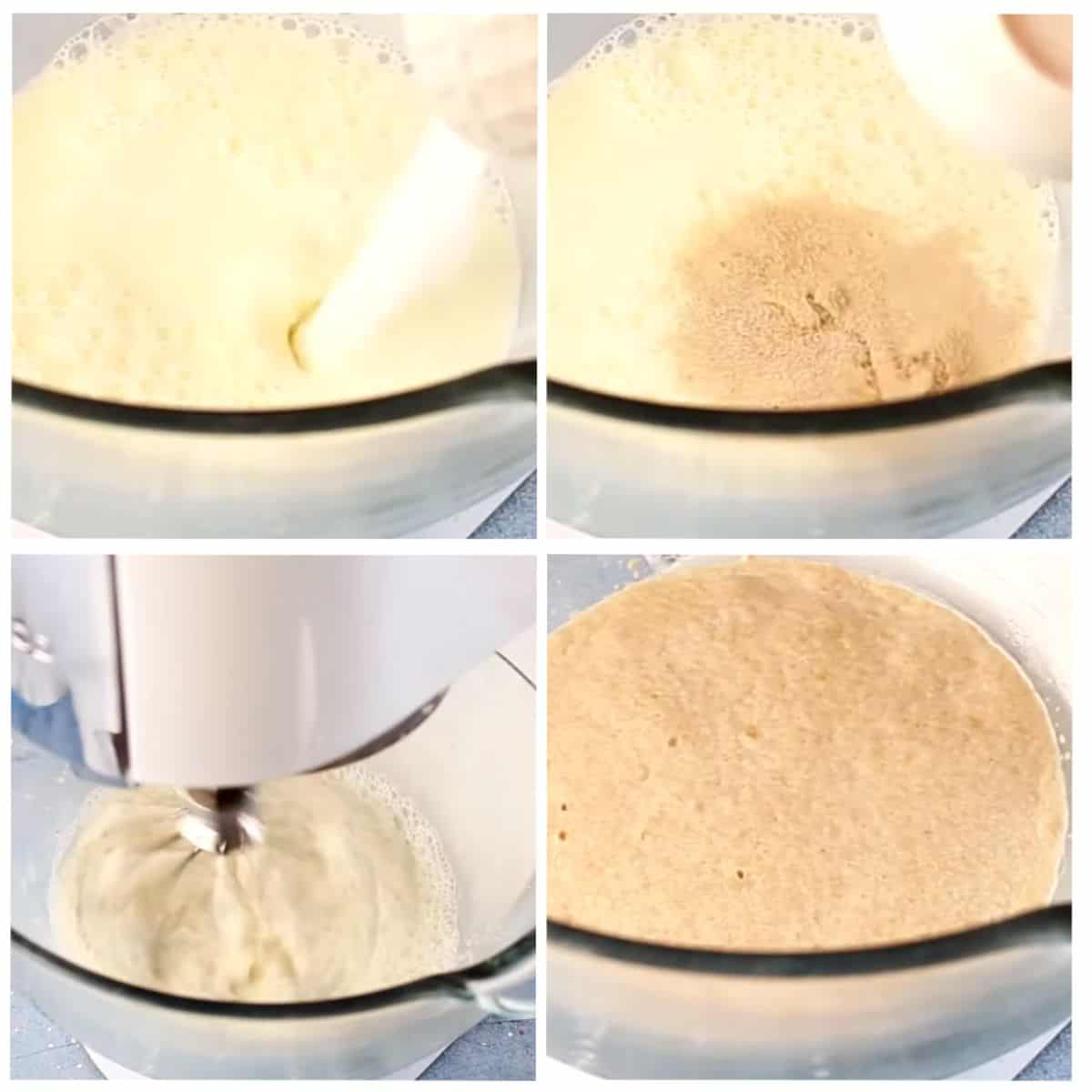 mixing the milk, granulated sugar, and yeast in a mixing bowl