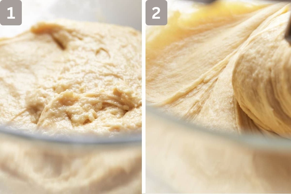 flour, sugar, salt, yeast, milk, and eggs kneaded and rested, then kneaded again