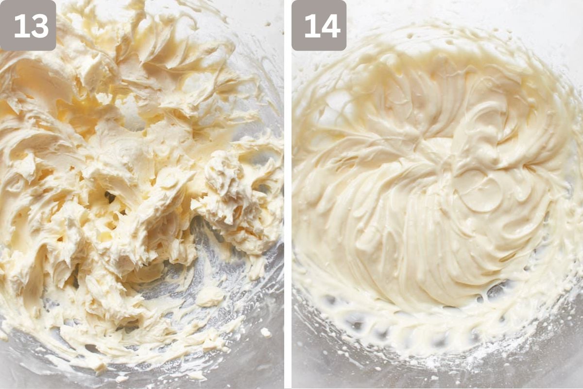 Butter beaten and cream cheese added and beaten, with powdered sugar mixed until smooth