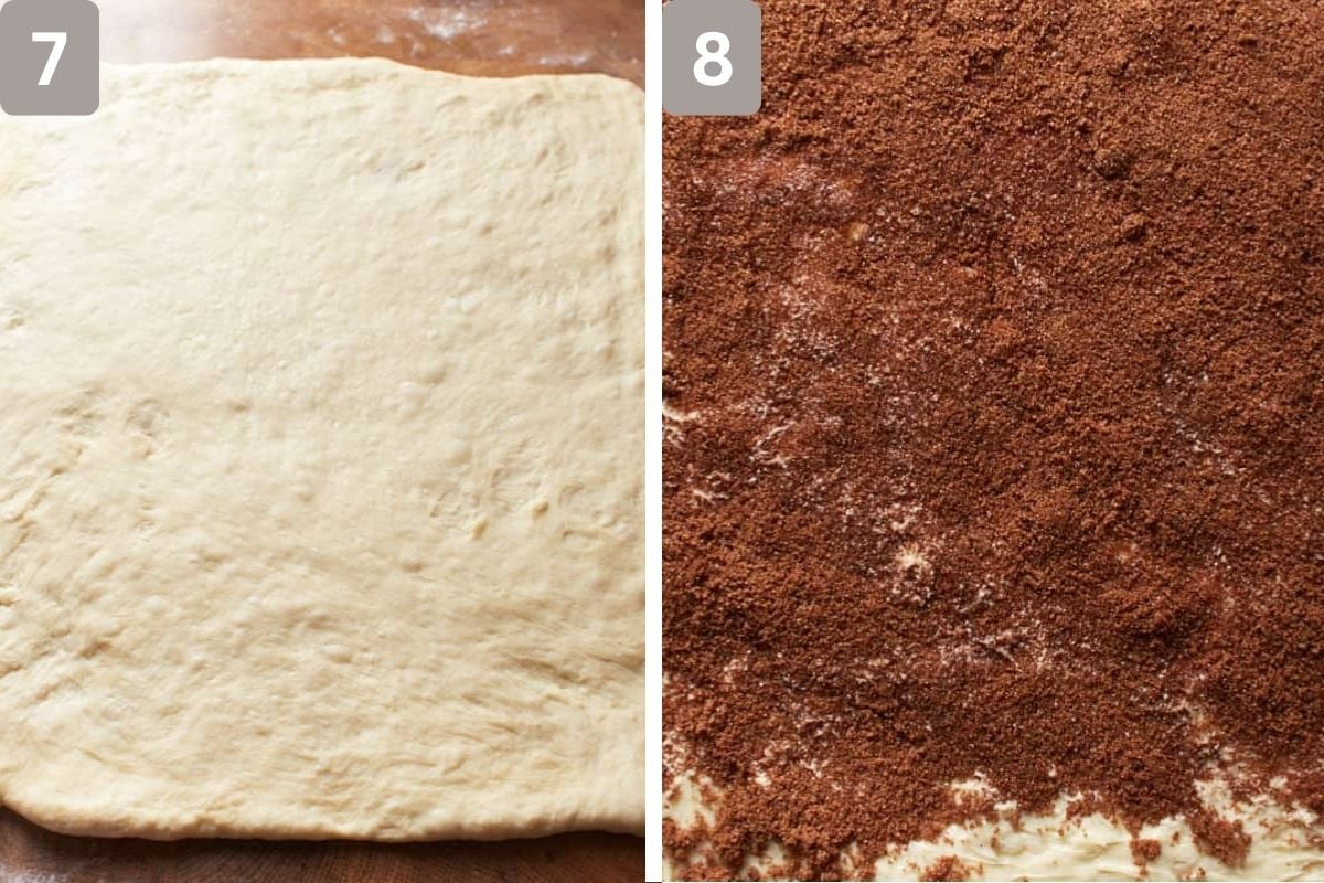 Dough rolled into rectangle and buttered, and cinnamon mixture spread over the butter