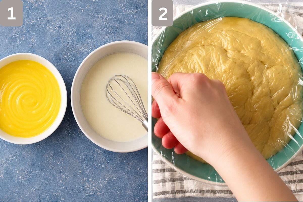 egg yolks and cornstarch whisked and vanilla mixed in, kneaded and covered with plastic