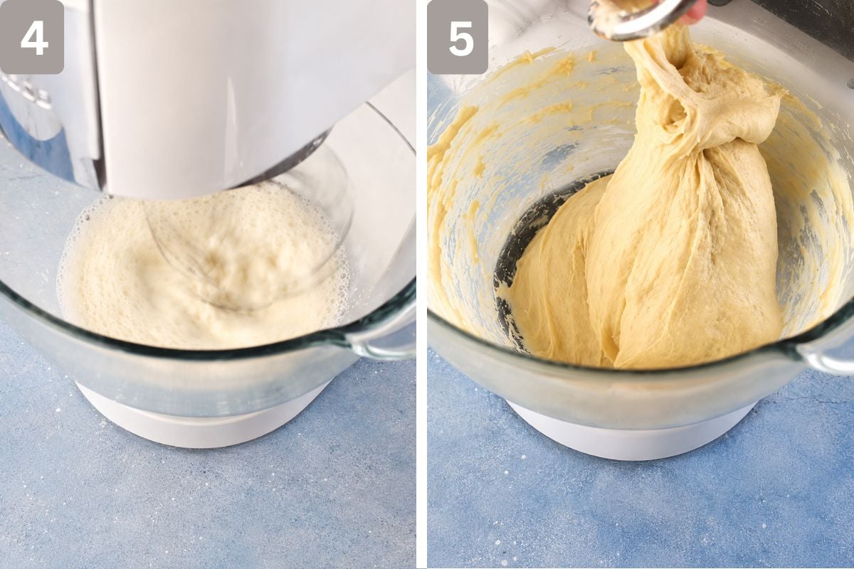 lukewarm milk, sugar, and yeast combined and eggs, butter, salt, and flour added, and kneaded with dough hook