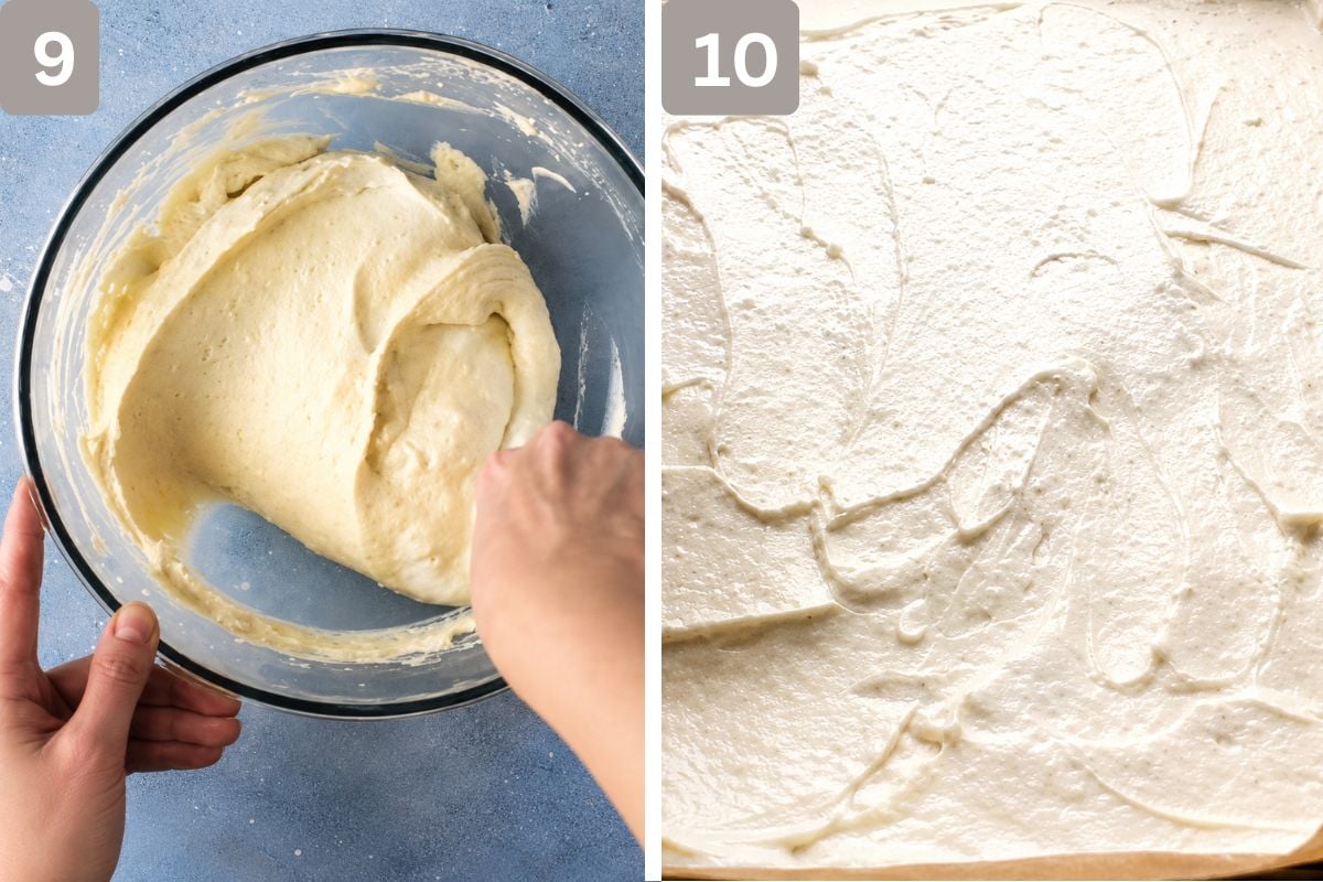 chilled custard until smooth, whipped cream folded in, and mixture spread on top of the cake after being sliced