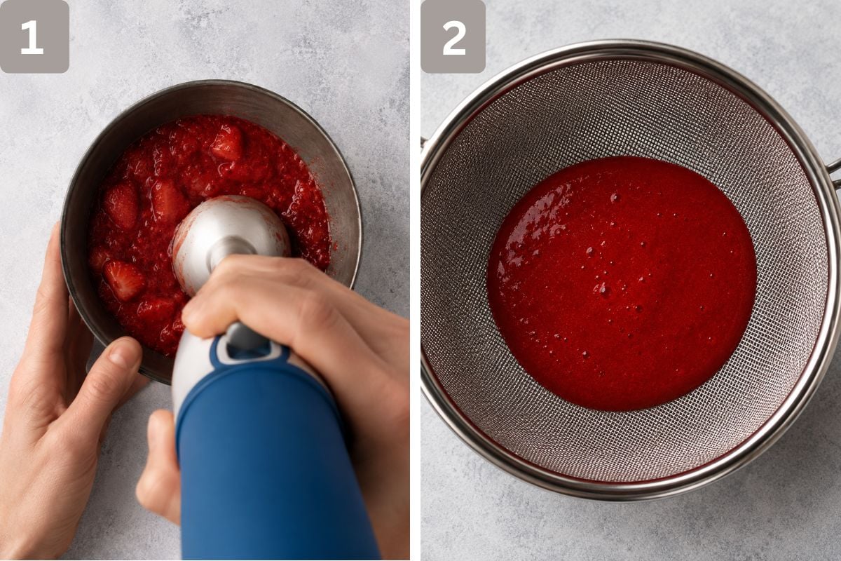 Strawberries pureed and then added to a sieve and strained