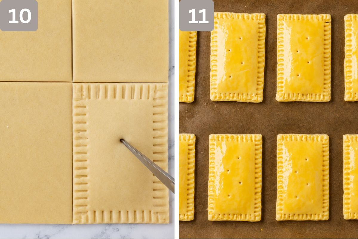 Edges sealed with a fork and egg wash brushed over the tops