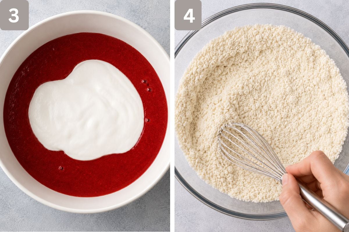 Sugar and orange juice added and left to simmer and flour, baking powder, and salt mixed in a separate bowl