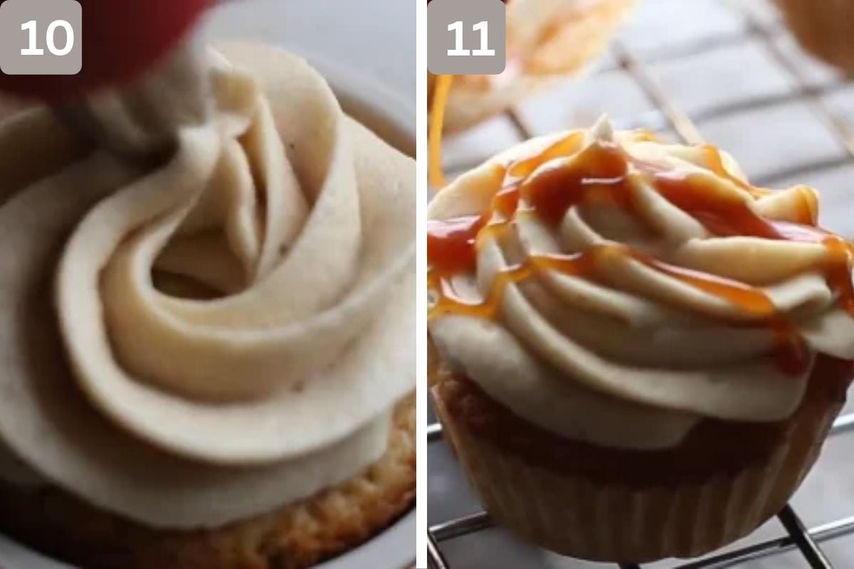 Frosting piped onto cupcakes and caramel drizzled on top