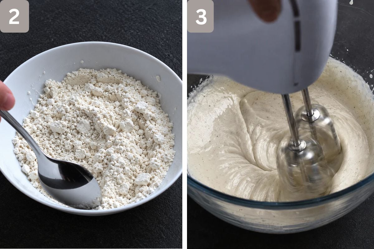 flour, baking powder, and salt mixed and in a separate bowl egg and sugar beaten