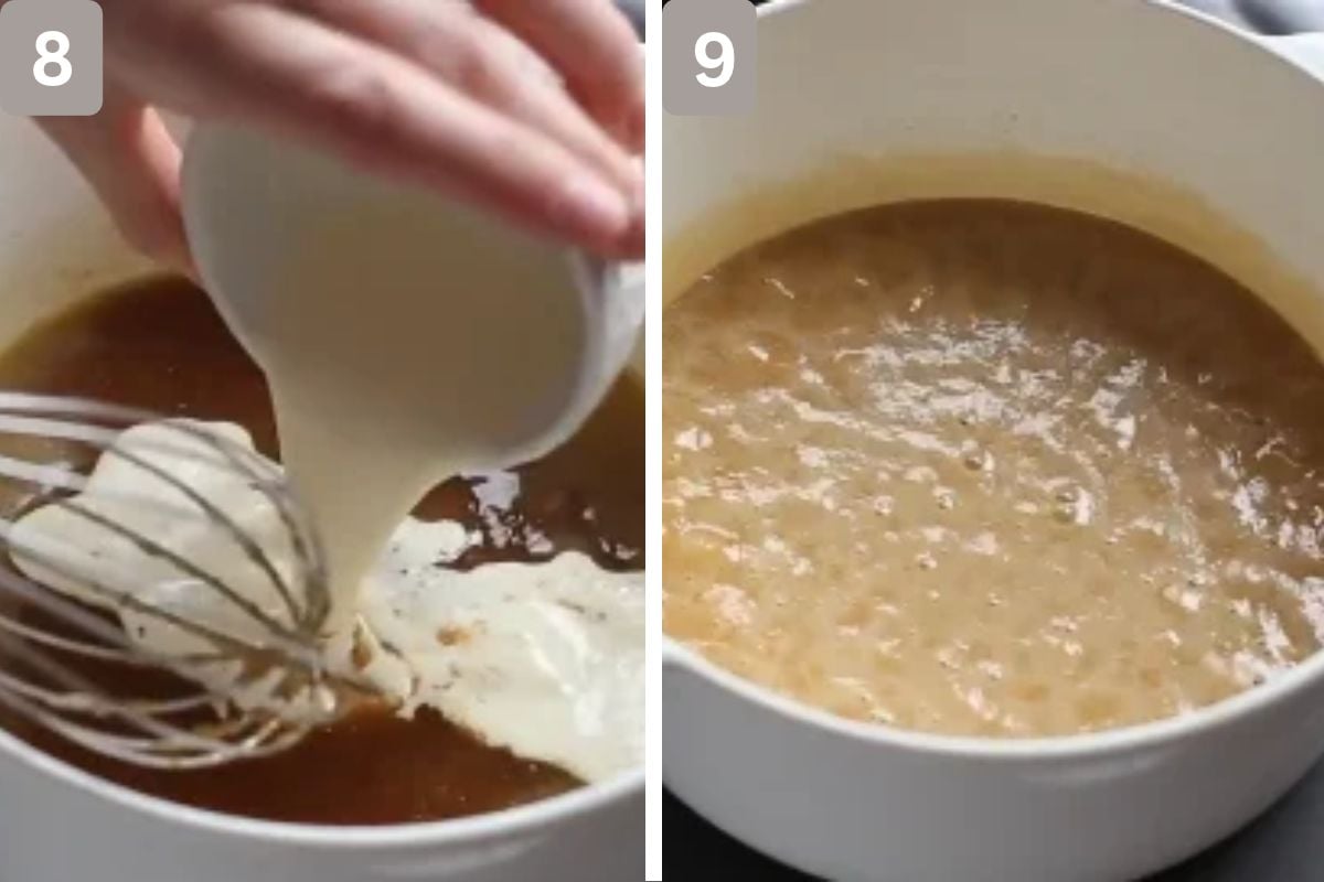 Cream added to caramel sauce and caramel simmering on the stovetop