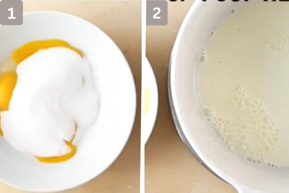 ingredients mixed in a large bowl and milk and cream simmered in another bowl
