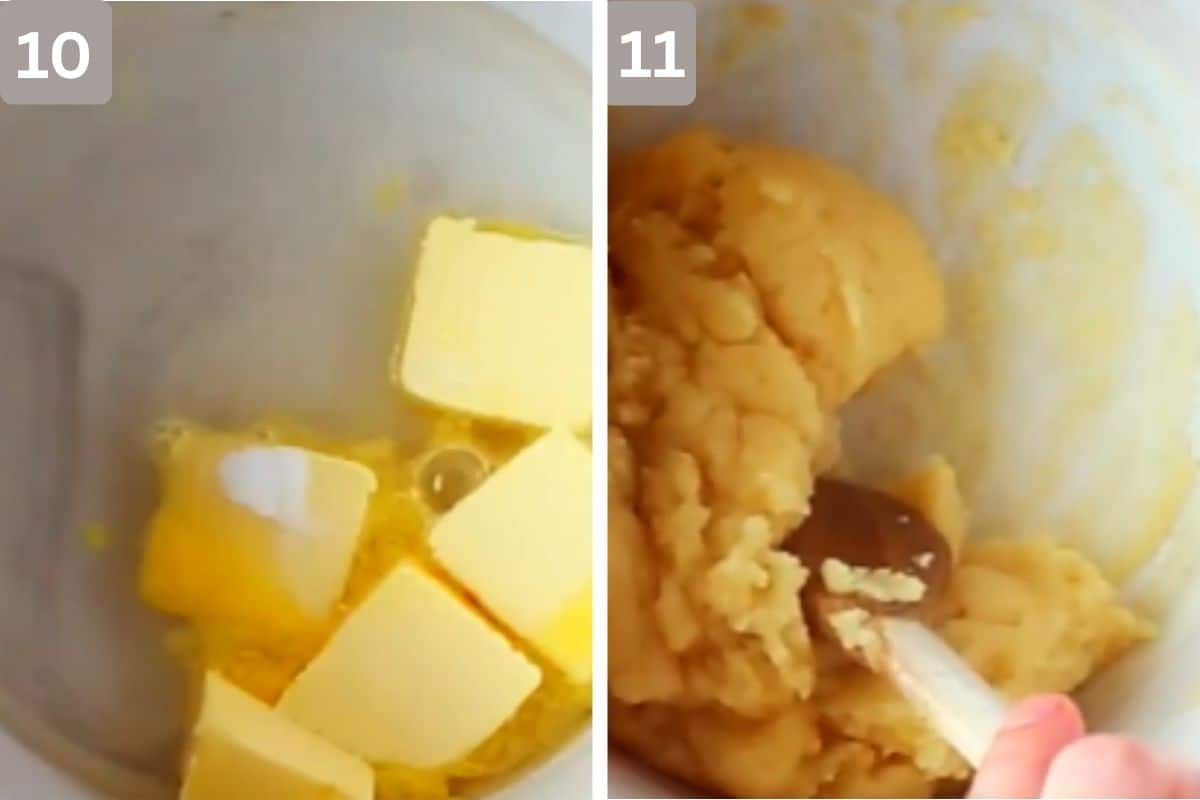 Water, butter, sugar, and salt brought to a boil and dough being mixed on the right