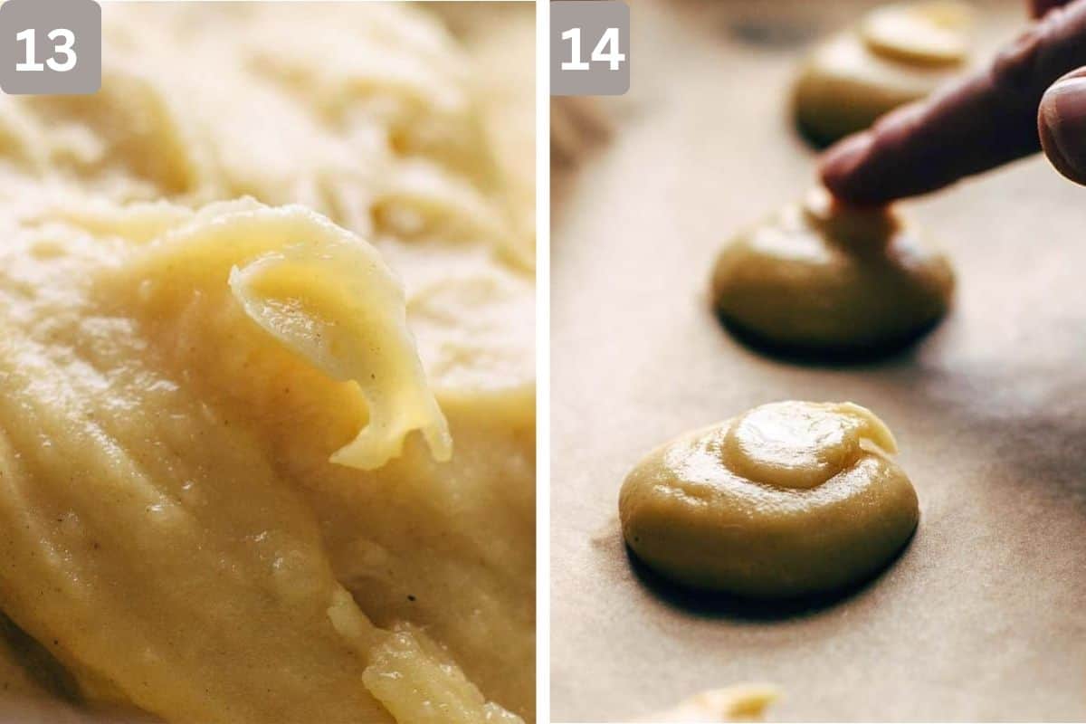 Sticky dough on left and dough being pressed lightly on the right