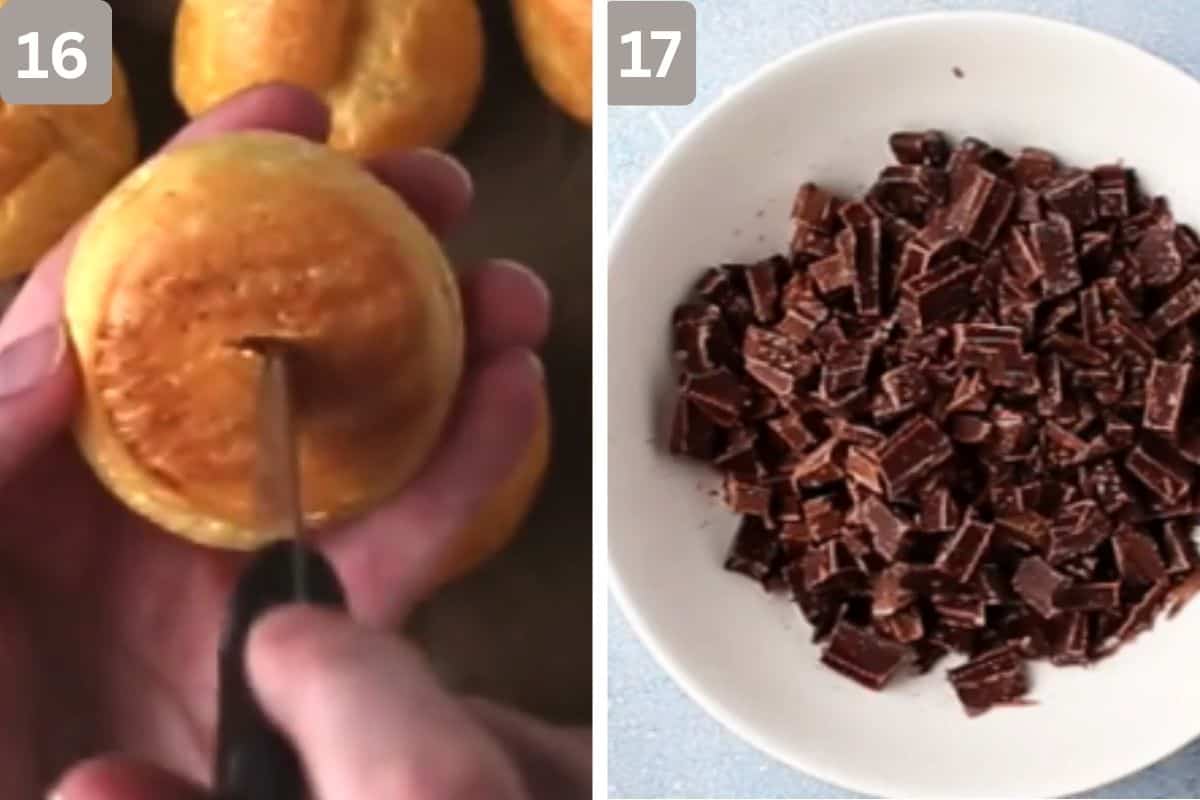 Small x being pressed into pastry shell and chocolate in a bowl on the right