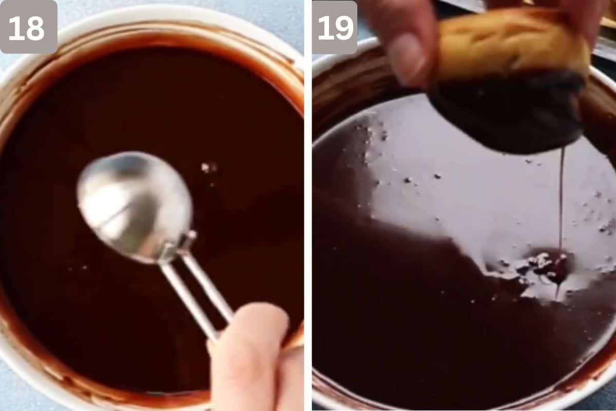 Smooth, melted chocolate on left and puffs being dipped into the glaze on the right