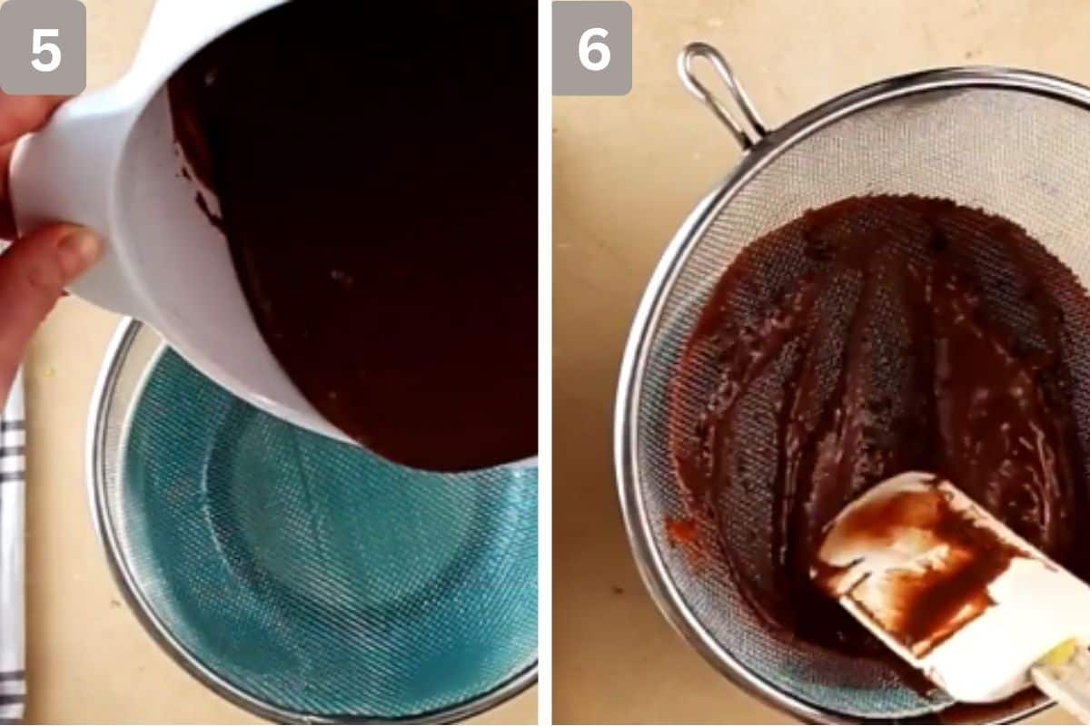 chocolate mixture being poured over into a glass bowl and custard mixture being pressed through a strainer