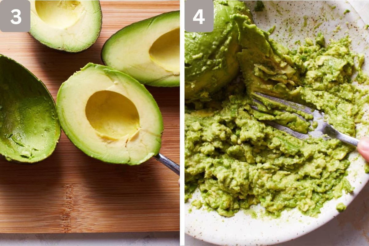 Avo flesh spooned out of the peel and added to a bowl, then mashed with a fork