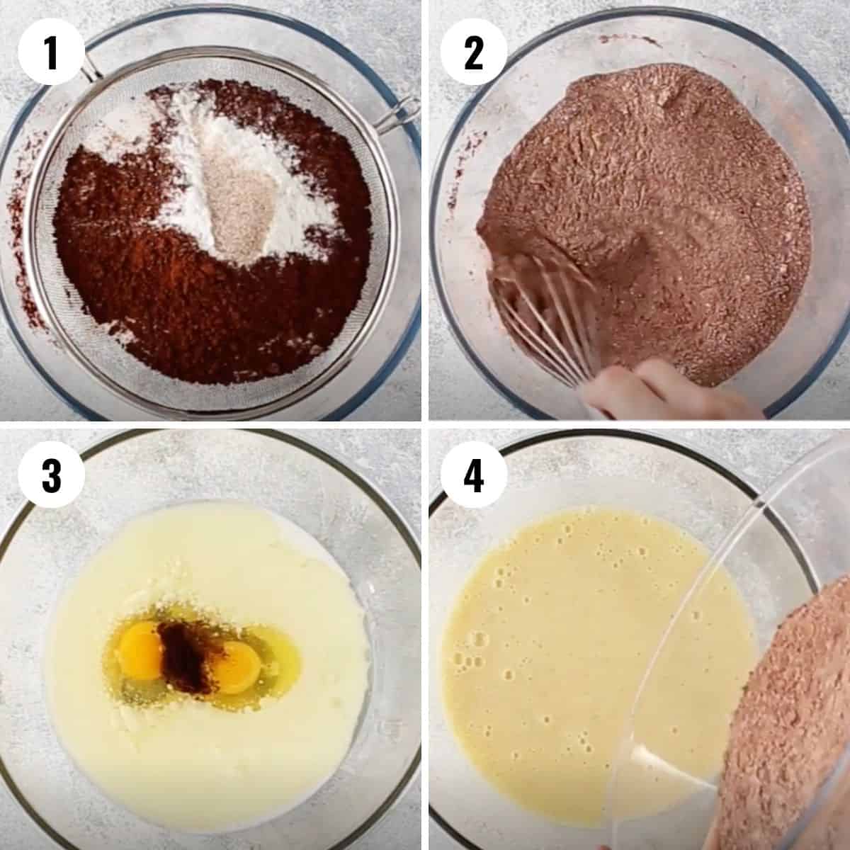 A collage showing the steps for mixing up the cake batter for an Easter egg cake.