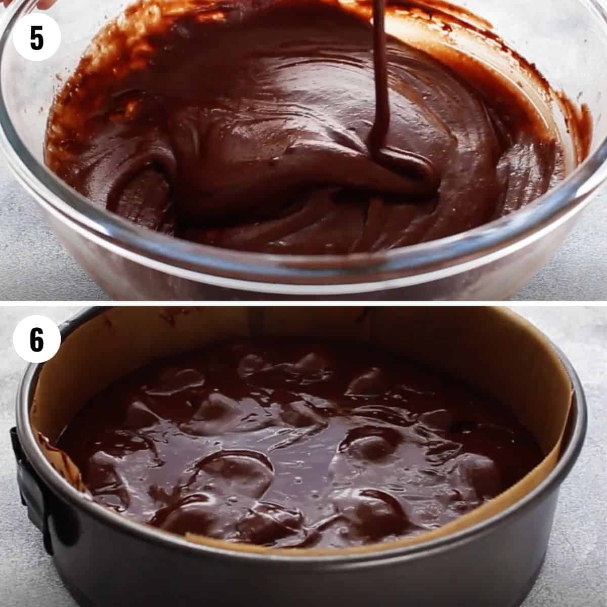 A collage after the chocolate Easter cake batter is mixed and then poured into a pan.