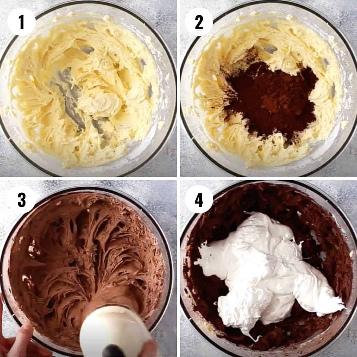 A collage showing the steps for mixing the frosting for chocolate easter cake.