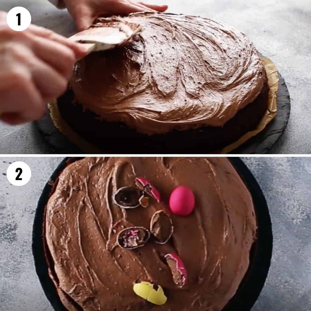 A collage spreading the chocolate frosting over the chocolate cake and then adding the chocolate Easter eggs.