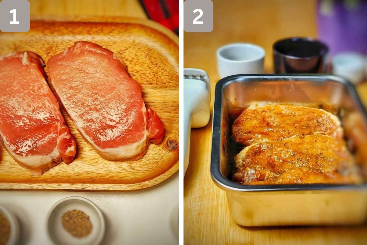 Sliced pork and tenderized before being spiced