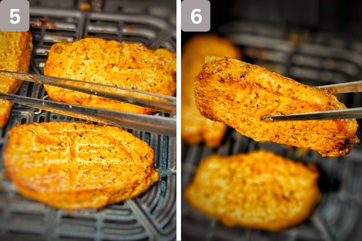 pork chops placed in air fryer basket and flipped multiple times