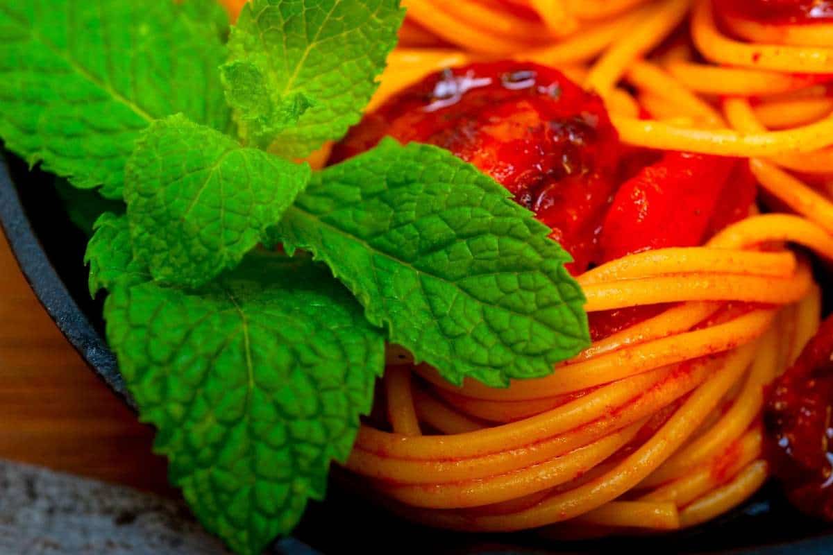 spaghetti pasta  with mint leaves