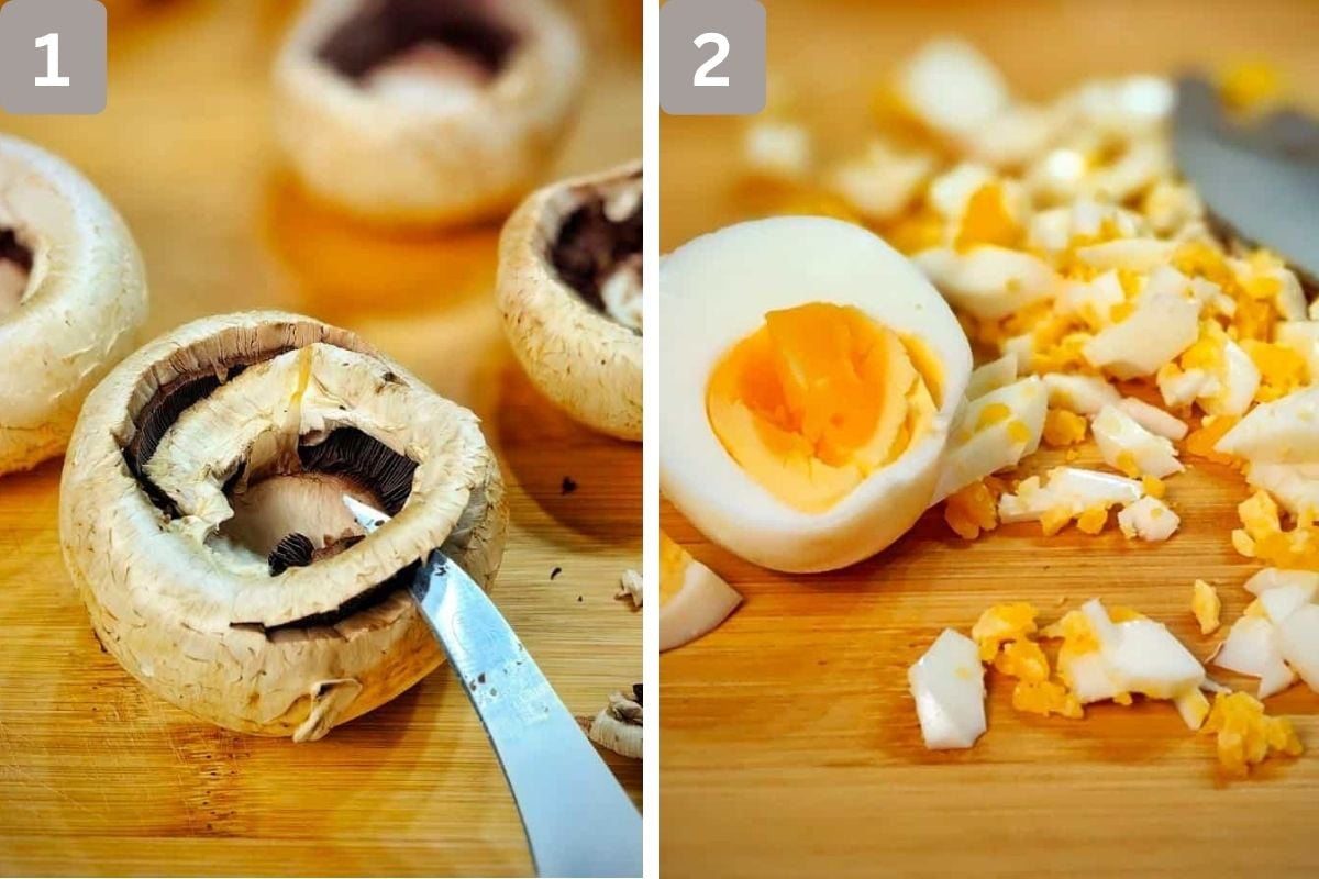 Edges being trimmed off of mushrooms and boiled egg chopped fine