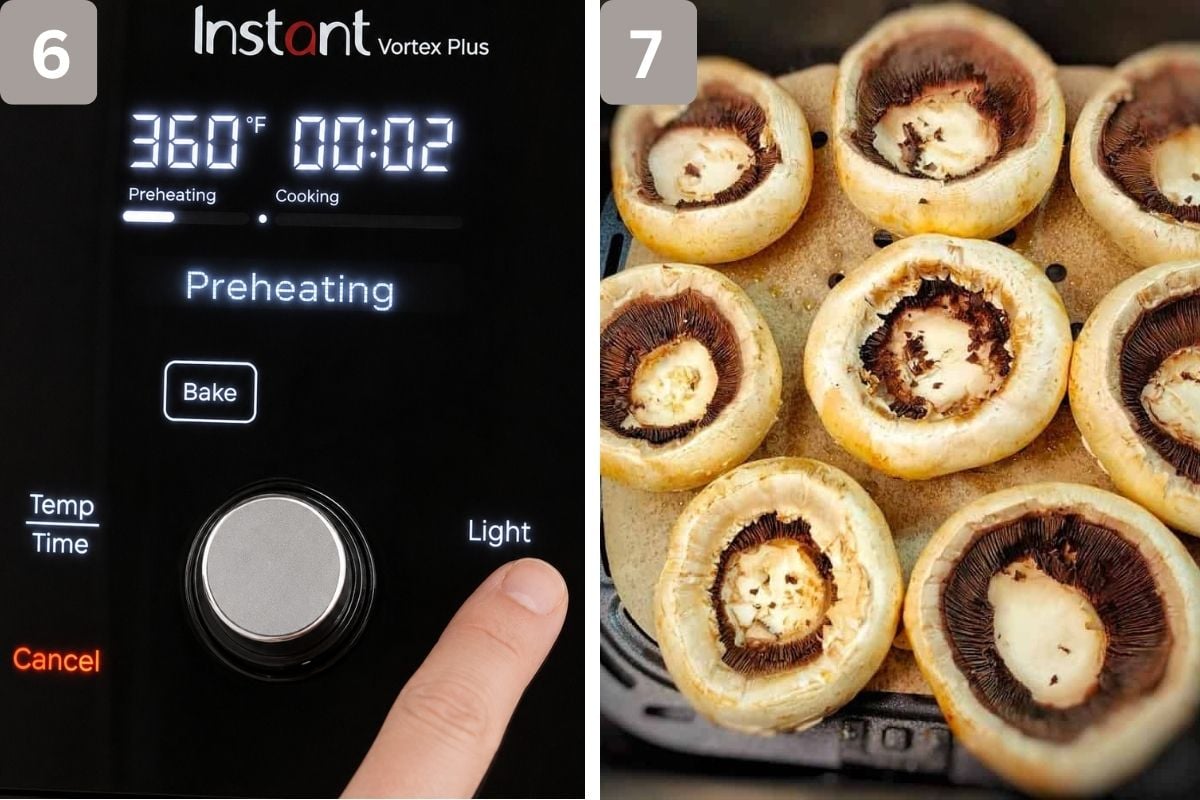 Air fryer being preheated and mushrooms added to air fryer basket