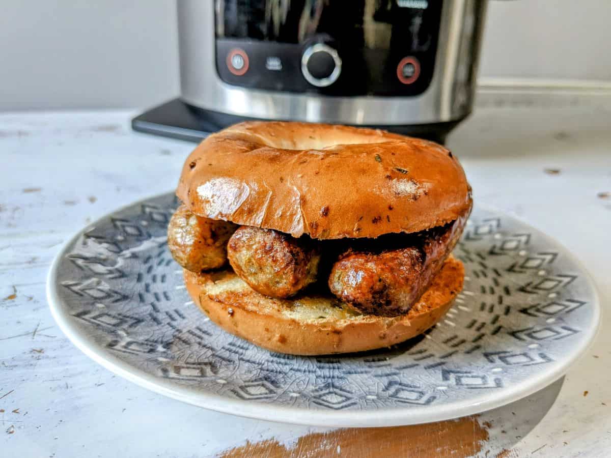 air fried sausages in a bagel