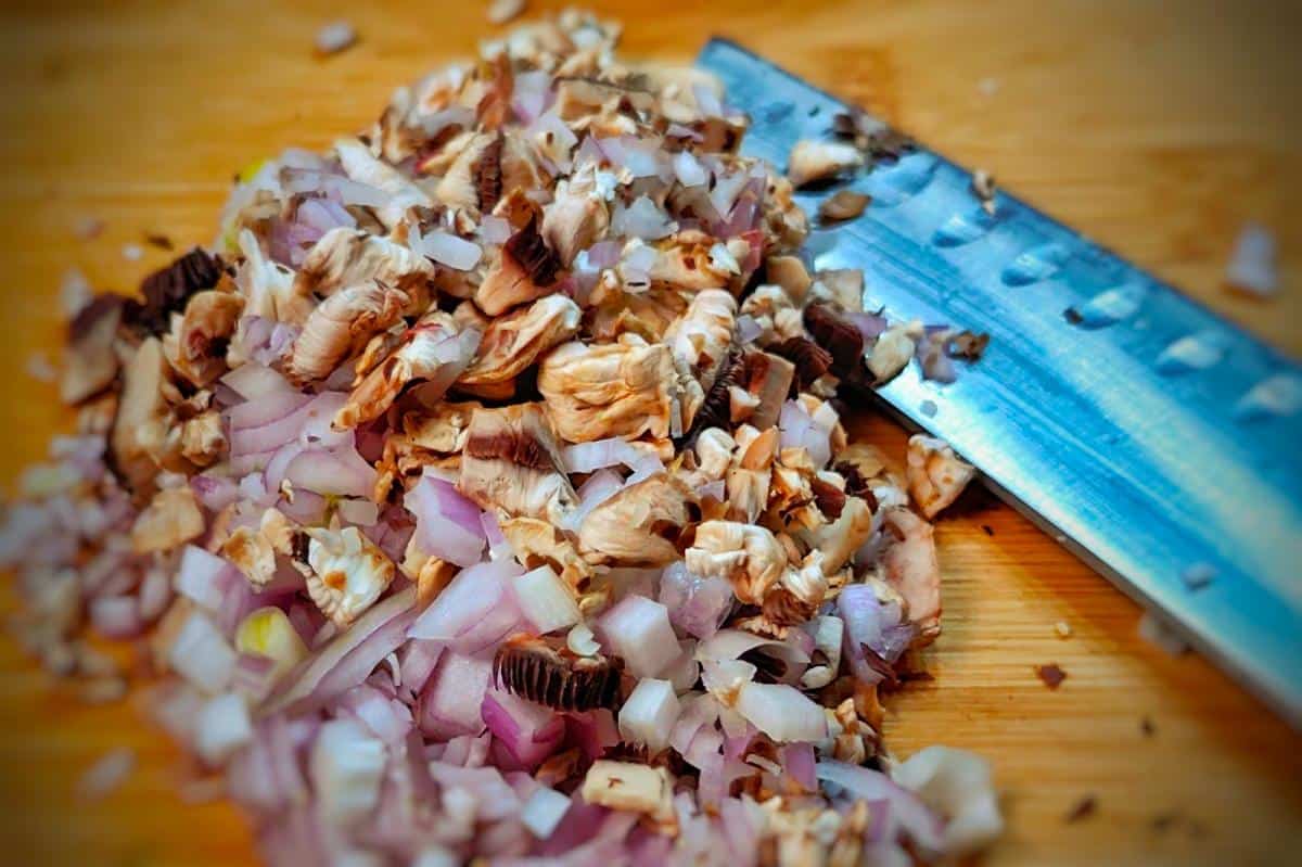 chop onion and the leftover mushroom trimmings