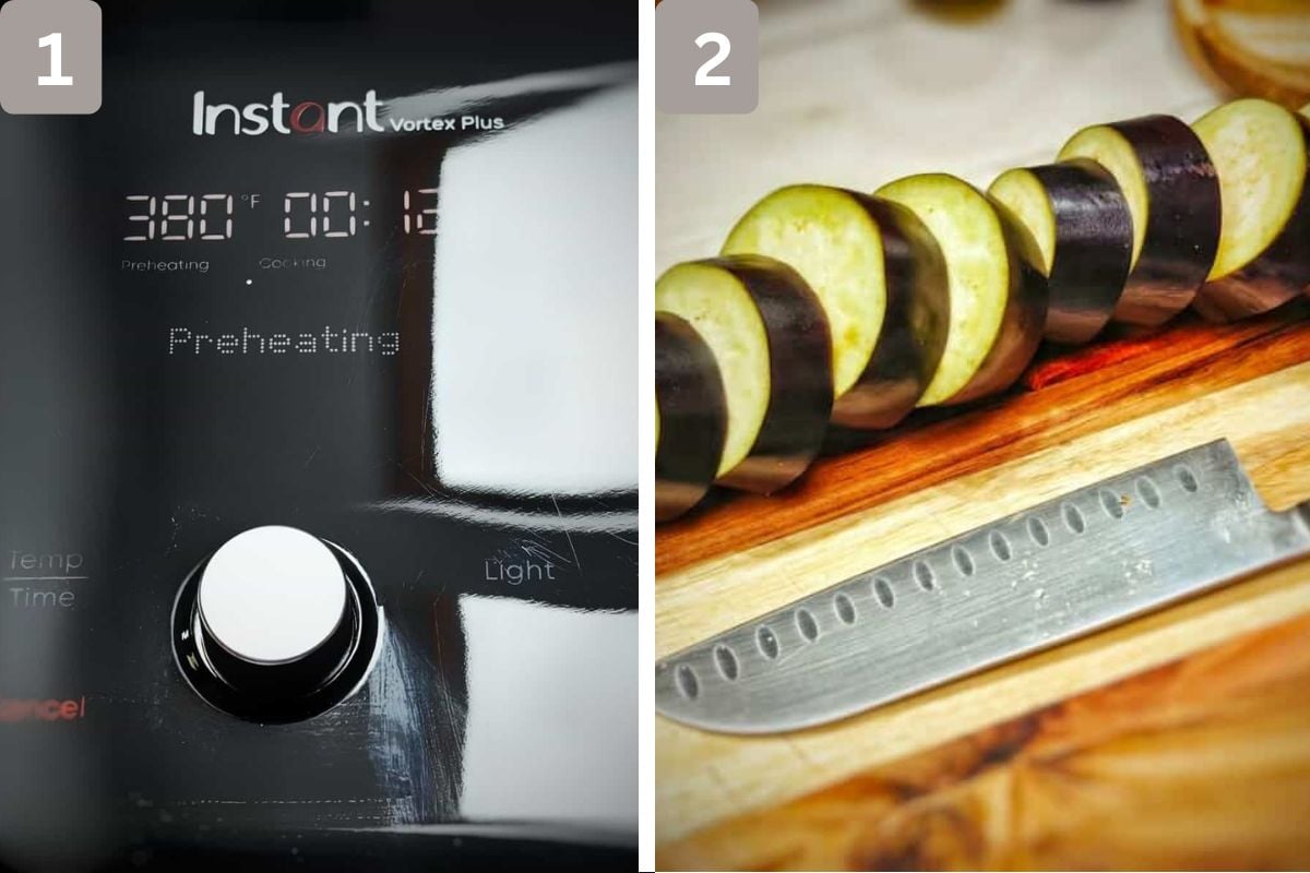 Preheat air fryer and cut into round slices