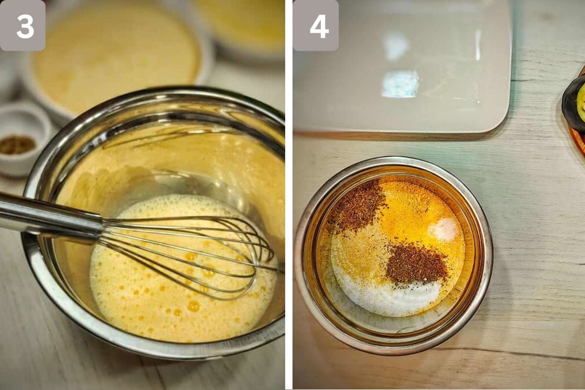 Whisk the egg and mix the breadcrumbs, Parmesan cheese, garlic powder, basil, oregano, salt, and black pepper