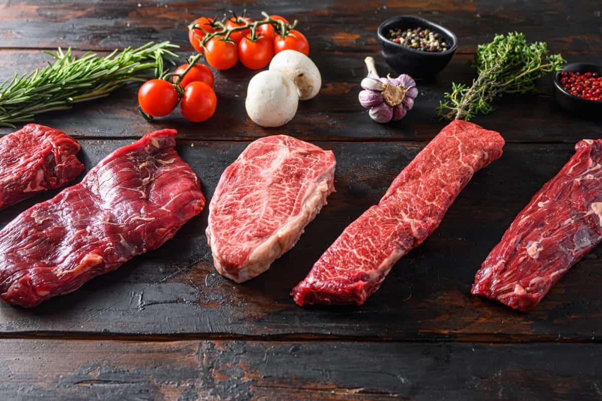 different types of raw beef steaks