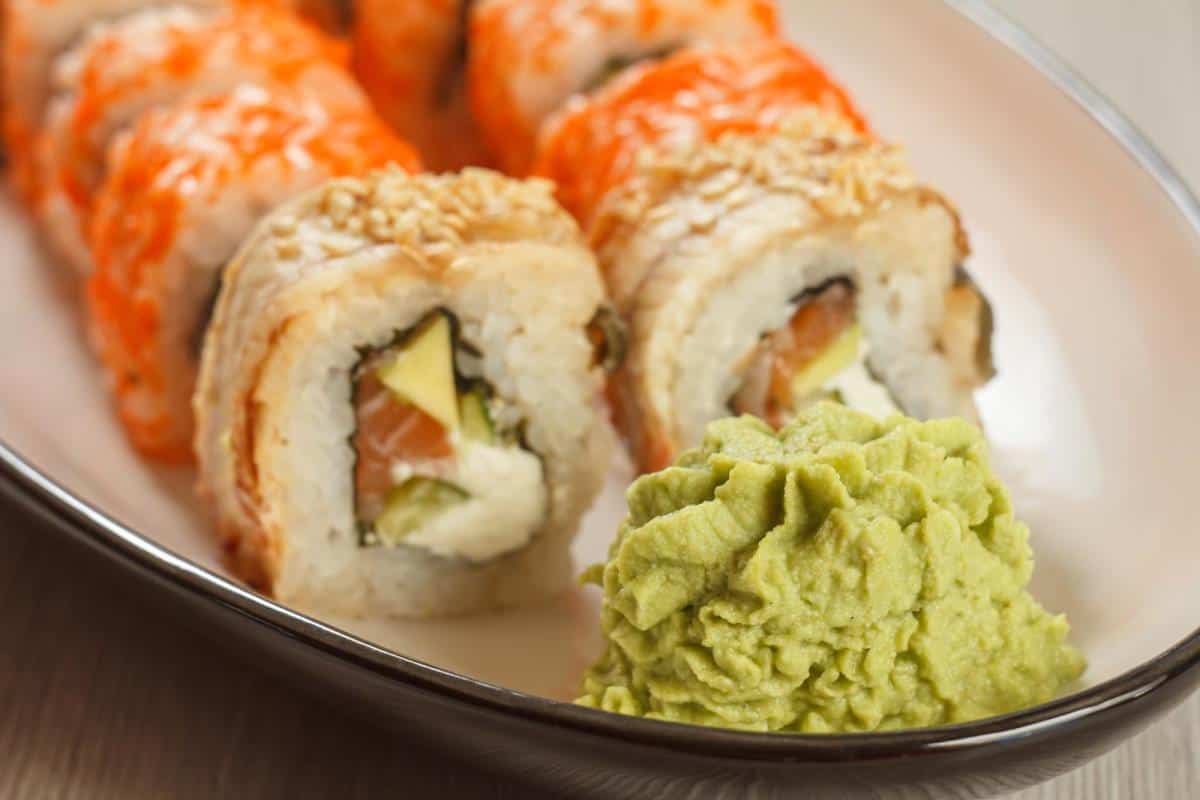 sushi rolls and wasabi