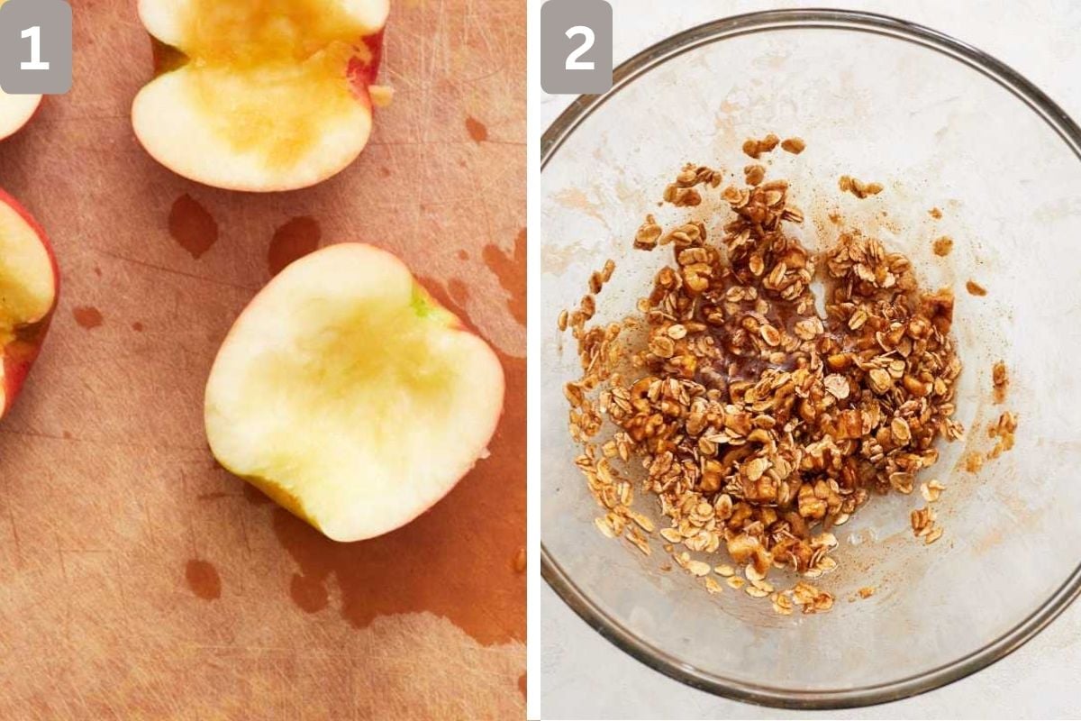 Apples cut in half and spooned and rolled oats, chopped walnuts, cinnamon, and nutmeg in a bowl, mixed