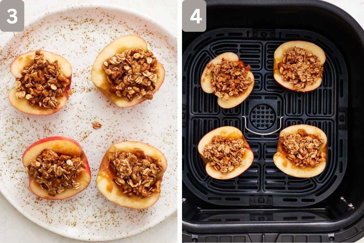 Mixture added to hollowed out apples and placed in air fryer basket
