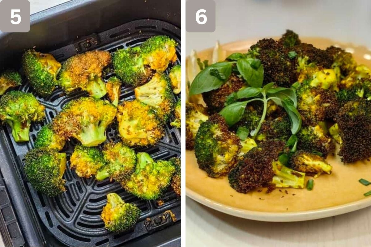 broccoli in air fryer basket and cooked broccoli in a serving plate